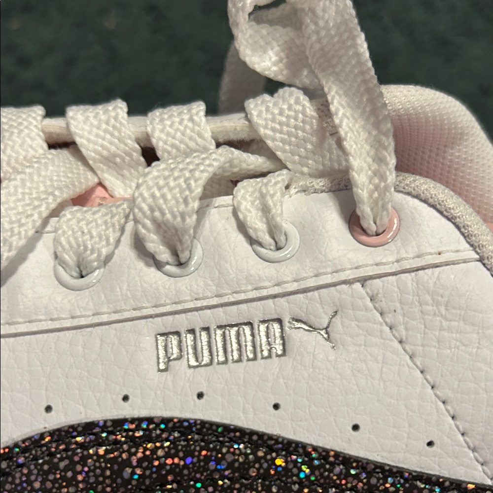 Puma Kids White and Pink Platform Sneakers with Black Glitter - Picture 2 of 5